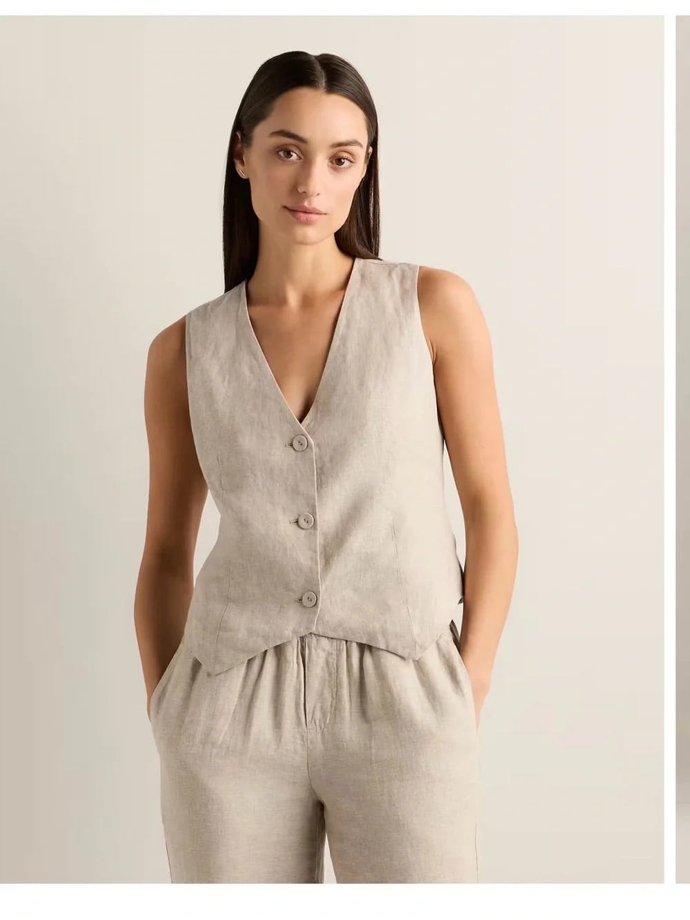 Quince Sleeveless V-Neck Button Front Vest - Light Beige European Linen